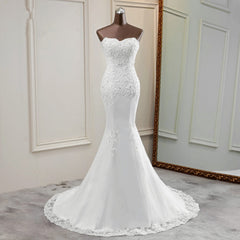 Long Mermaid Strapless Lace Wedding Dress with Elegant Appliques and Beadings