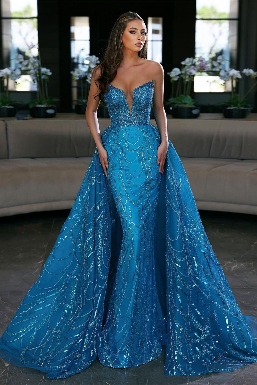 Glamorous Ocean Blue V Neck Strapless Prom Dress with Sequins