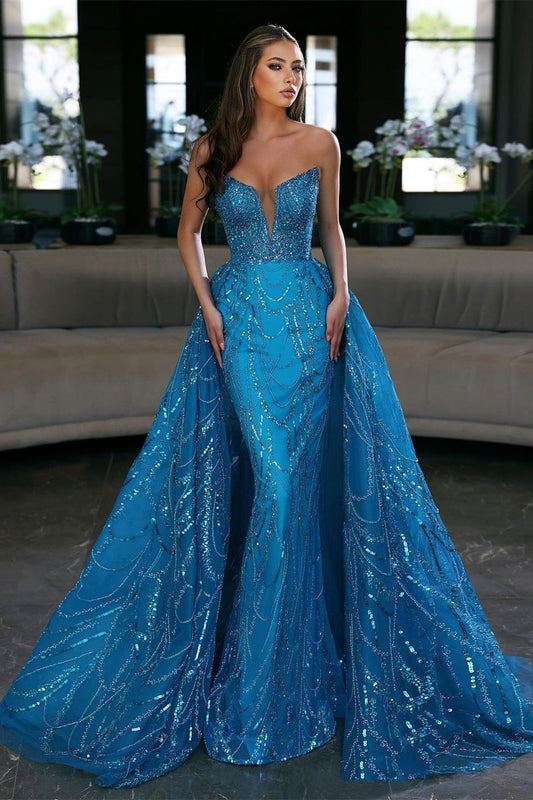 Glamorous Ocean Blue V Neck Strapless Prom Dress with Sequins