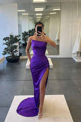 Charming Strapless Sleeveless Mermaid Prom Dress Long Split Pleated