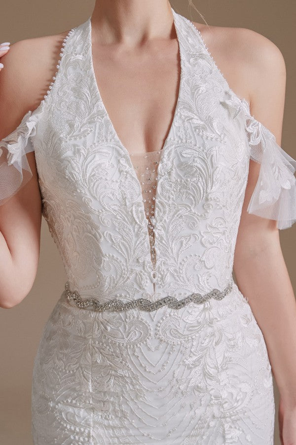 Stunning Mermaid Halter Floor-Length Tulle Wedding Dress Featuring Lace Appliques