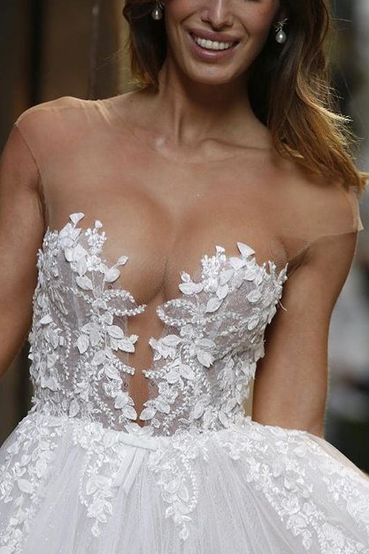 Elegant A-line Sheer Wedding Gown with Tulle Appliques, Floor Length