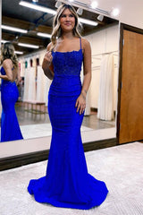 Elegant Spaghetti-Straps Sleeveless Prom Dress Mermaid With Appliques Beads