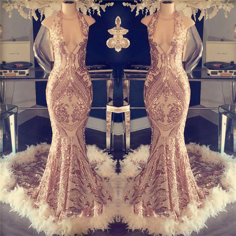 Gorgeous Rose Pink Sleeveless Sequins Prom Dress Mermaid With Feather
