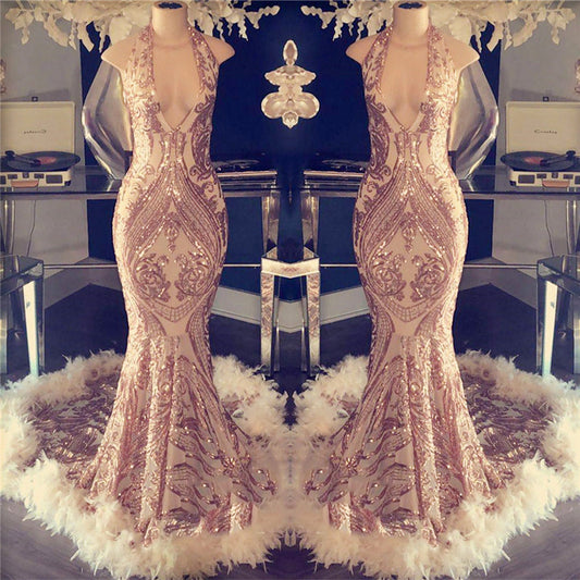 Gorgeous Rose Pink Sleeveless Sequins Prom Dress Mermaid With Feather