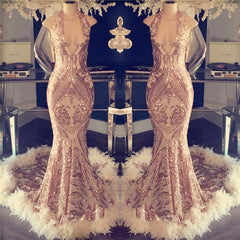 Gorgeous Rose Pink Sleeveless Sequins Prom Dress Mermaid With Feather