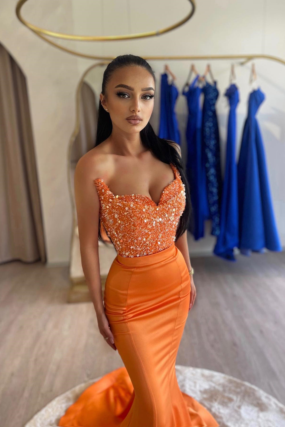 Chic Orange Sweetheart Sleeveless Mermaid Prom Dress With Sequins