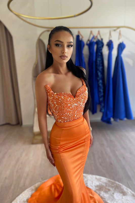 Chic Orange Sweetheart Sleeveless Mermaid Prom Dress With Sequins