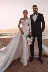 Elegant One Shoulder A-line Wedding Gown with Sequins and Long Sleeves