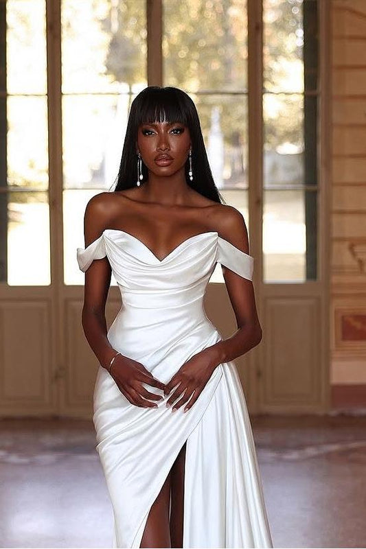 Strapless Pleated White Satin Wedding Dress with Split, Simple Off-the-Shoulder Design