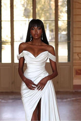 Strapless Pleated White Satin Wedding Dress with Split, Simple Off-the-Shoulder Design