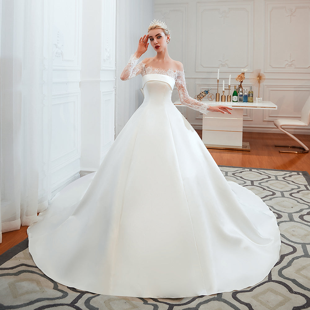 Elegant A-Line Satin Wedding Dress with Off-the-Shoulder Lace Long Sleeves
