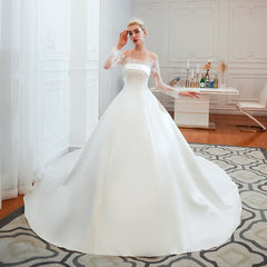 Elegant A-Line Satin Wedding Dress with Off-the-Shoulder Lace Long Sleeves