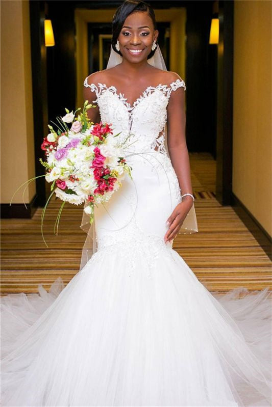 Mermaid Wedding Dress with Stunning Lace Appliques and Cap Sleeves