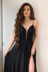 Black Spaghetti-Straps Long Prom Dress With Split