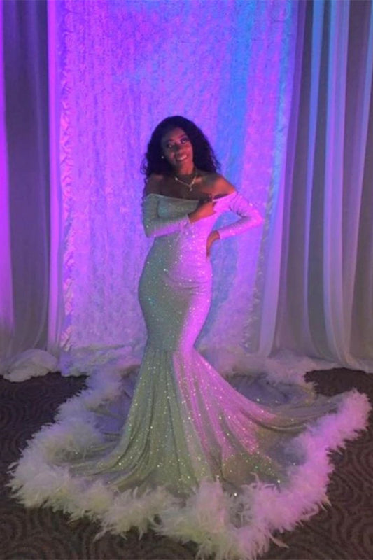 Gorgeous Long Sleeves Off-the-Shoulder Sequins Prom Dress With Feather