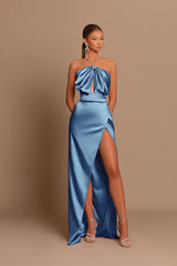 Chic Pink Evening Dress Sleeveless Strapless with Side Slit Pleated