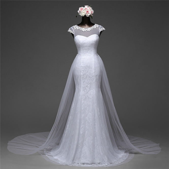 Elegant Mermaid Wedding Gown with Long Lace and Tulle Overskirt