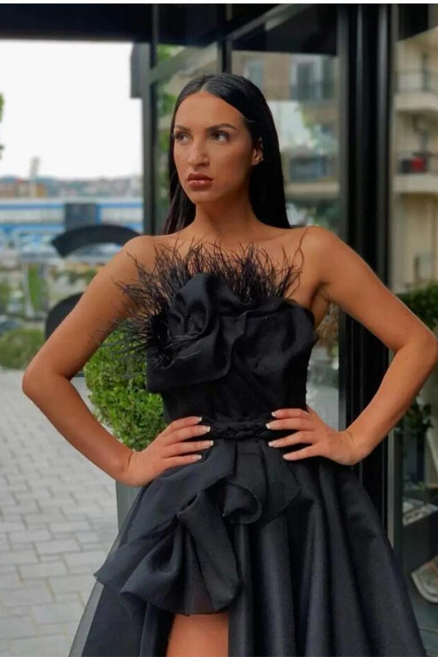 Sexy Black Long Prom Dress Split With Feather