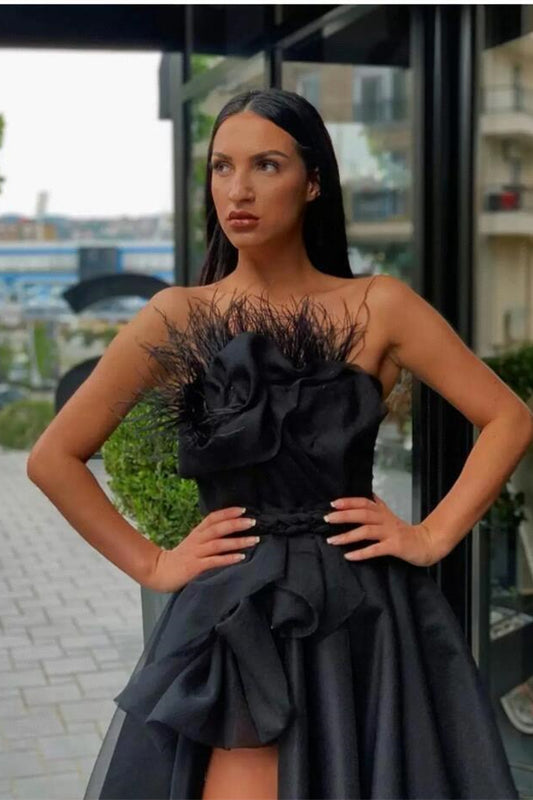 Sexy Black Long Prom Dress Split With Feather