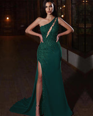 Elegant One-Shoulder Applique Prom Dress Mermaid Split