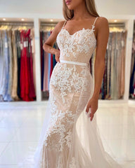 Spaghetti-Straps Mermaid Prom Dress Lace Appliques
