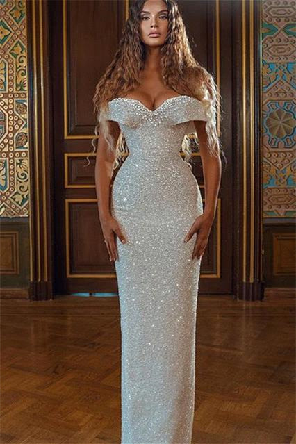 Modern Off-the-Shoulder White Sequins Prom Dress Mermaid Long