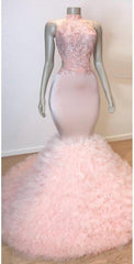 Pink High Neck Mermaid Prom Dress Lace Appliques Tulle Evening Gowns