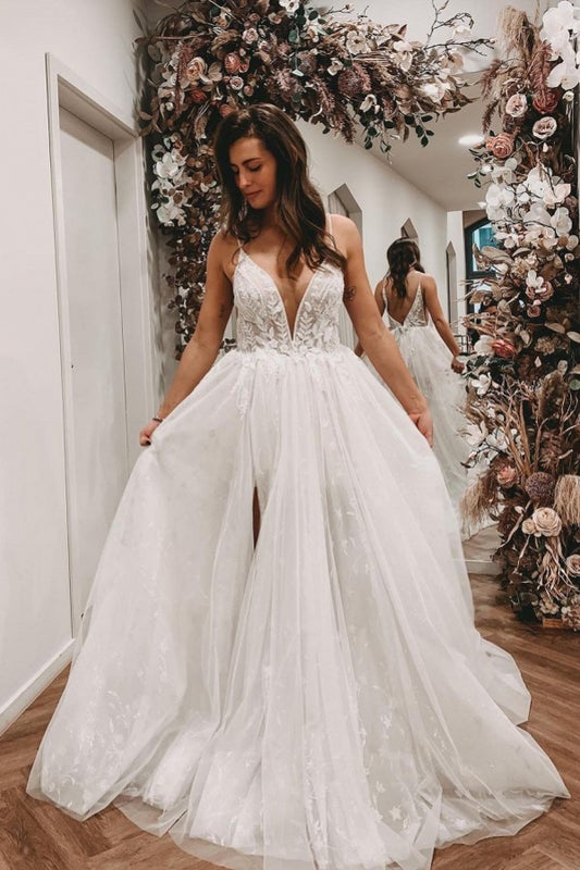 Elegant V-neck A-line Long Wedding Dress with Open Back and Lace Tulle Slit
