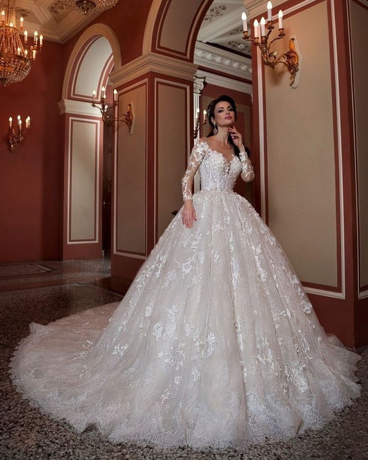 Elegant Long-Sleeve Wedding Dress with Beading and A-Line Lace Appliques
