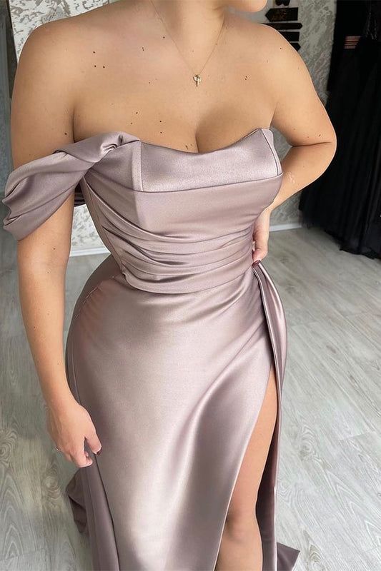  One-Shoulder Strapless Long Mermaid Prom Dress Pleated with Split