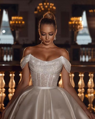 Elegant Off-The-Shoulder Satin Bridal Gown with Sequins