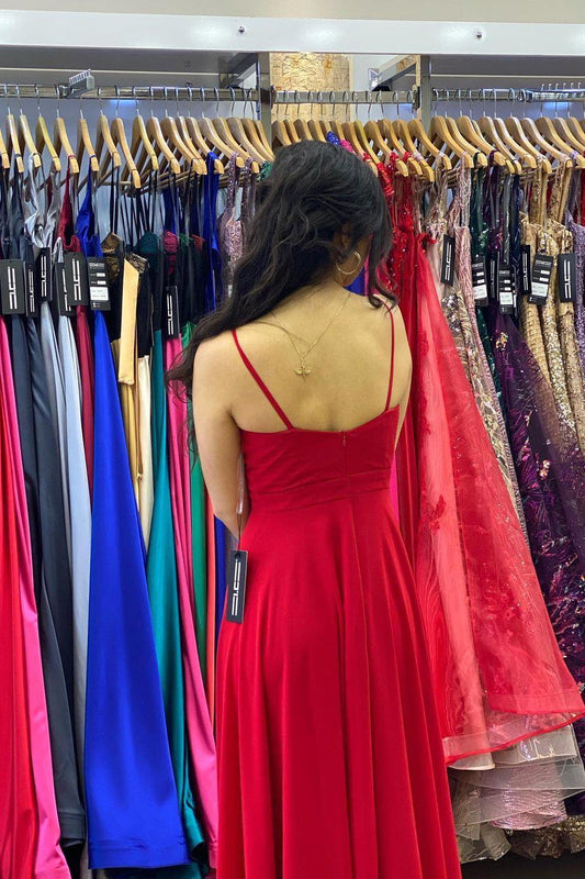 Modern Spaghetti-Straps Red Prom Dress Long With Slit