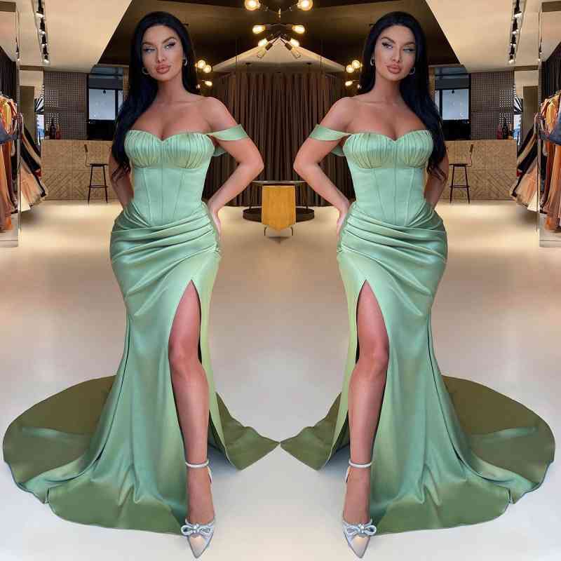 Modern Sage Green Off-the-Shoulder Prom Dresses Mermaid Slit With Pleats