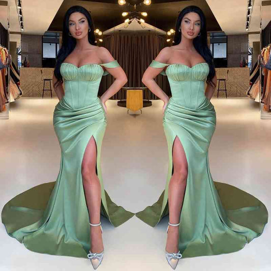 Modern Sage Green Off-the-Shoulder Prom Dresses Mermaid Slit With Pleats