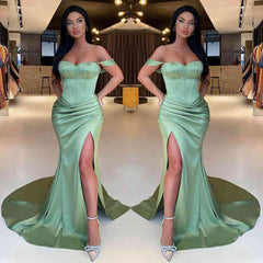 Modern Sage Green Off-the-Shoulder Prom Dresses Mermaid Slit With Pleats