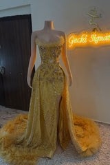 Modern Gold Strapless Beaded Prom Dress Mermaid Split Long With Detachable Skirt