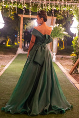 Dark Green Strapless One Shoulder Mermaid Front Split Evening Dress with Bowknot