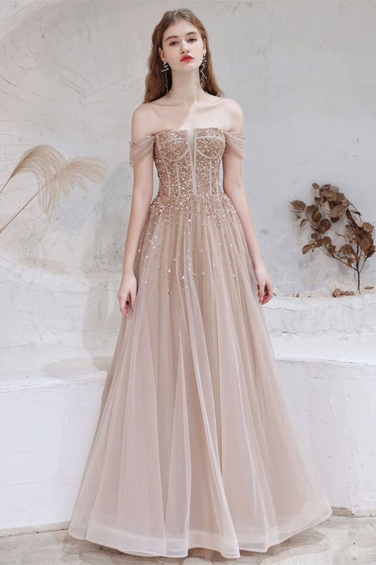 Gorgeous Off-the-Shoulder Tulle Prom Dress With Sequins Lace-Up