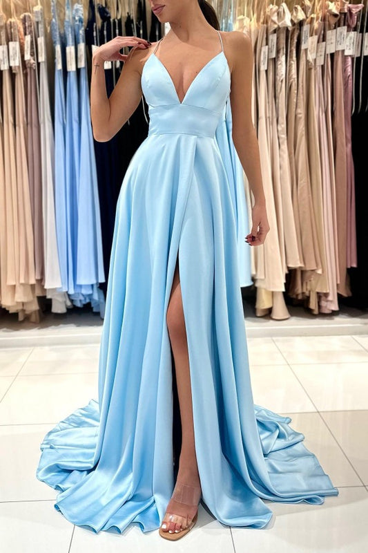 Gorgeous Sky Blue Spaghetti-Straps V-Neck A-line Prom Dress With Split