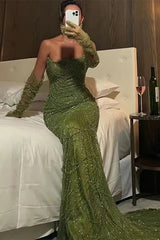 Beautiful Green Strapless Sequins Pearls Prom Dresses Mermaid Long With Gloves