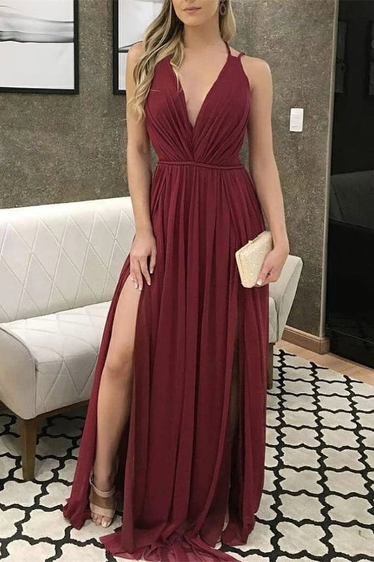 Gorgeous V-Neck Burgundy Chiffon Prom Dress With Slit