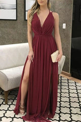 Gorgeous V-Neck Burgundy Chiffon Prom Dress With Slit