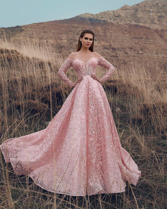 Charming Pink Long Sleeves Lace Prom Dressess Off-the-Shoulder