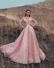 Charming Pink Long Sleeves Lace Prom Dressess Off-the-Shoulder