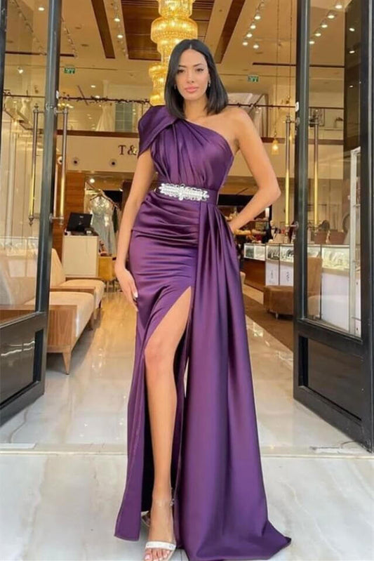 Dark Purple One Shoulder Mermaid Long Ruffles Prom Dress with Belt Online