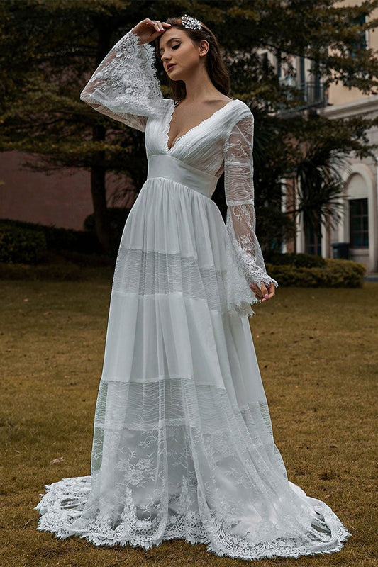 Long Lace Boho Sleeves Wedding Dress