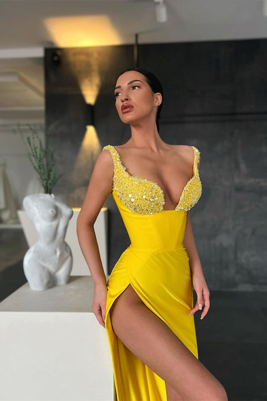 Gorgeous Yellow Sequins Straps Mermaid Prom Dress With Slit