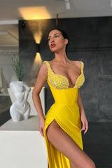 Gorgeous Yellow Sequins Straps Mermaid Prom Dress With Slit