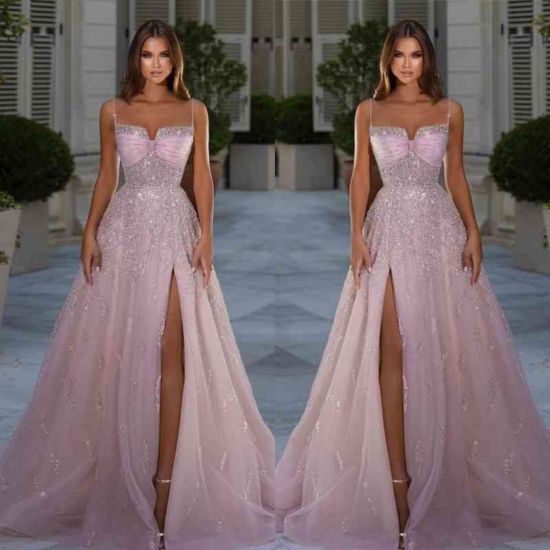 Classic Pink Spaghetti-Straps Prom Dress Sleeveless A-Line Long With Slit Beads